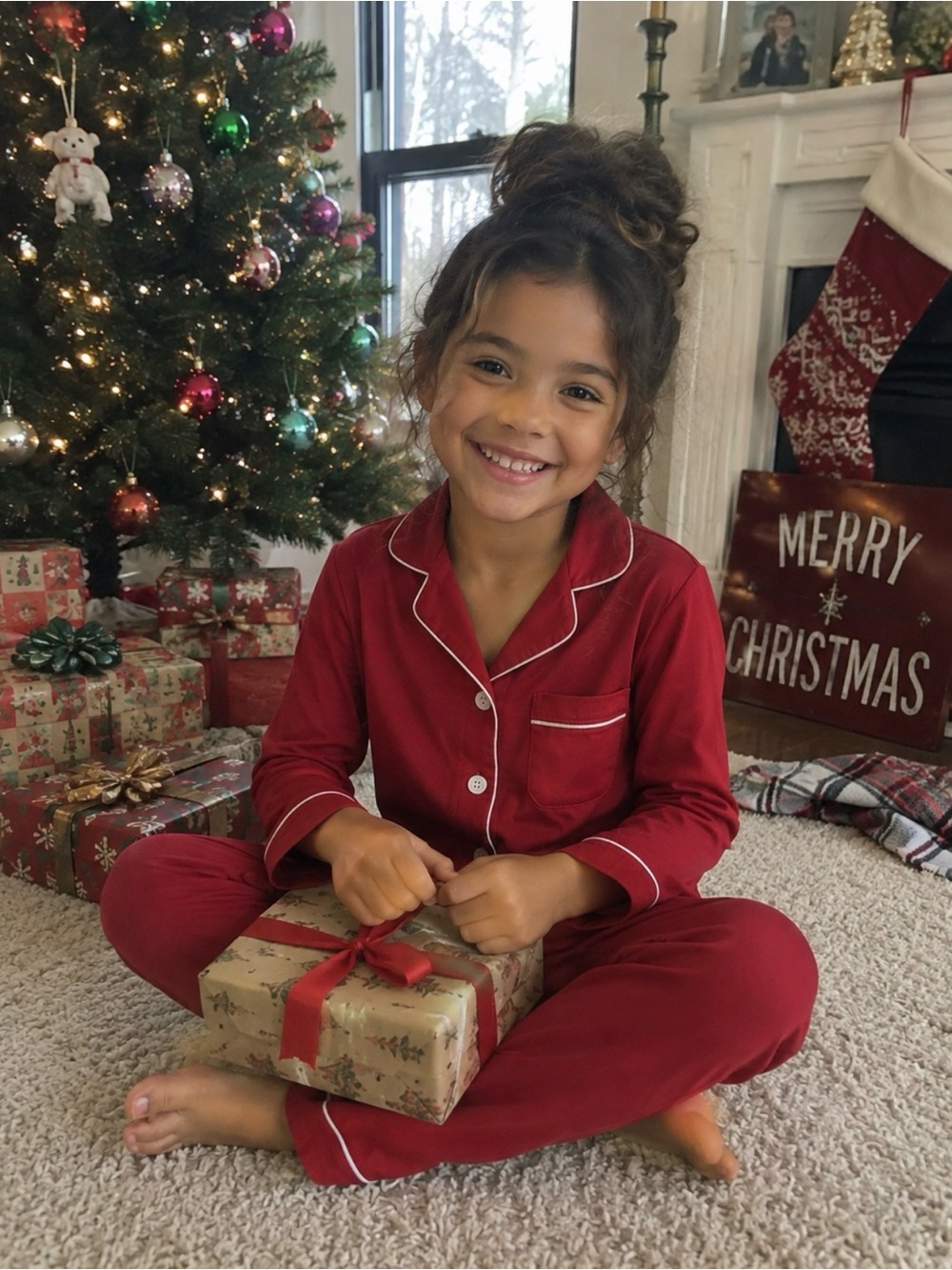 Kids Red Pajama Set with White Piped Trim